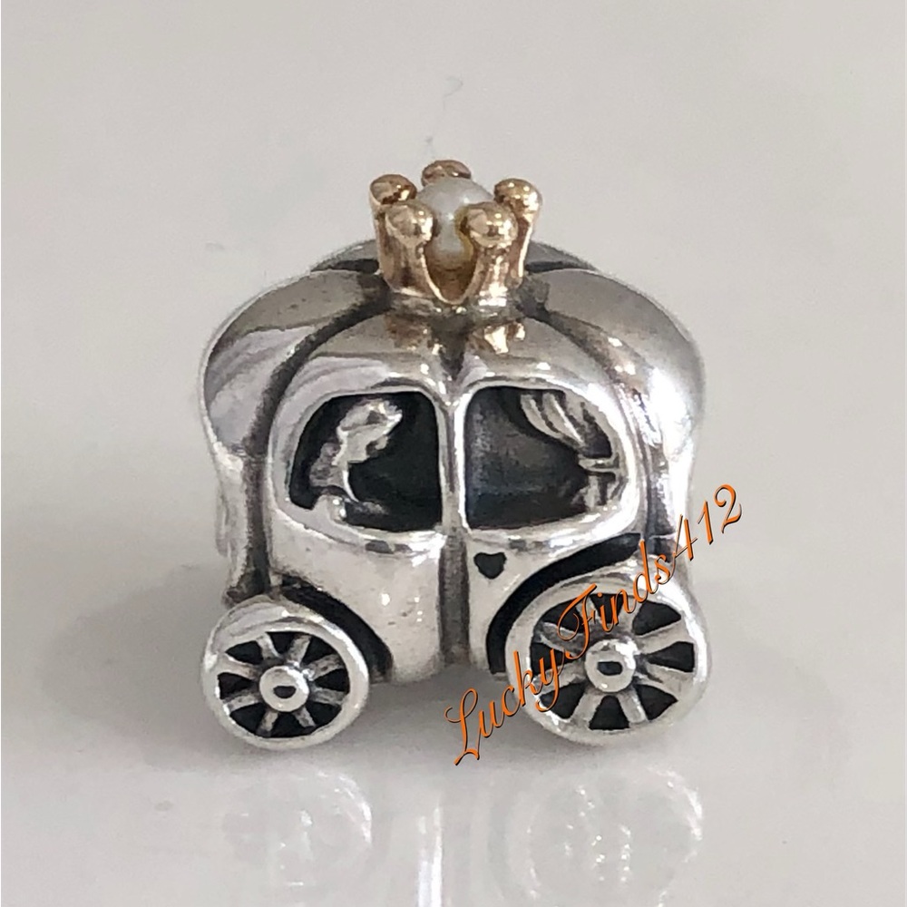 Pandora Silver Carriage Charm with Gold Crown Accent